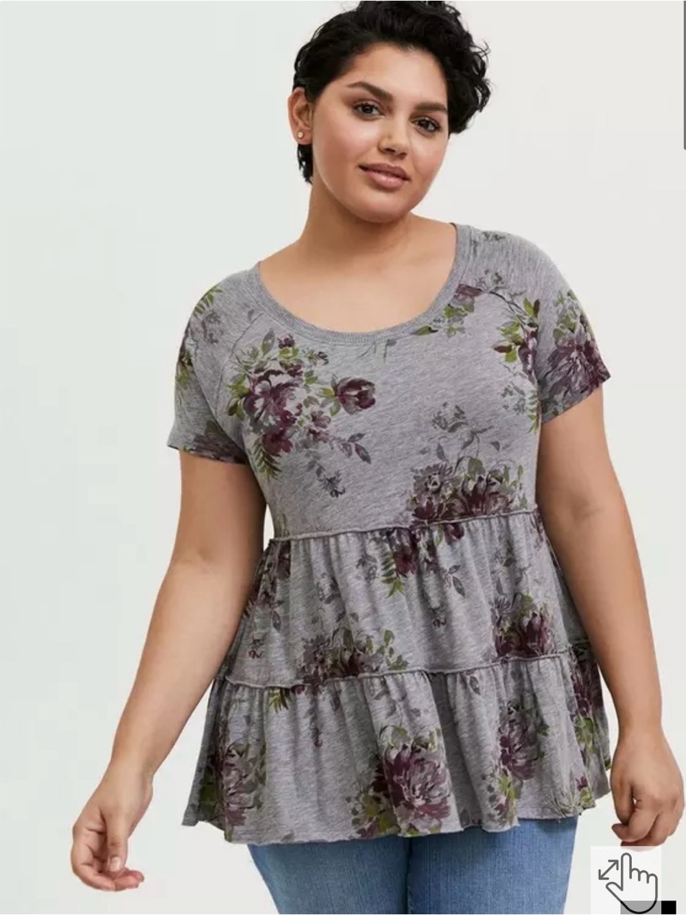 Torrid Plus Size Gray Floral Tiered Short-Sleeve Top Size 2